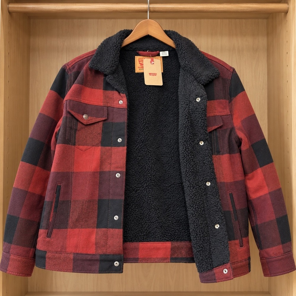NWT - Large Levis Sherpa Lined Buffalo Plaid Jacket Men's Red Black Trucker Coat